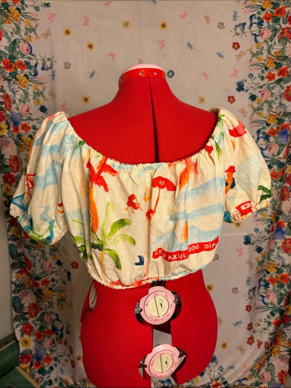 FARM Rio - Cream Off-Shoulder Watercolor Floral Crop Top 
Resort, Beach, Casual - Picture 4 of 8